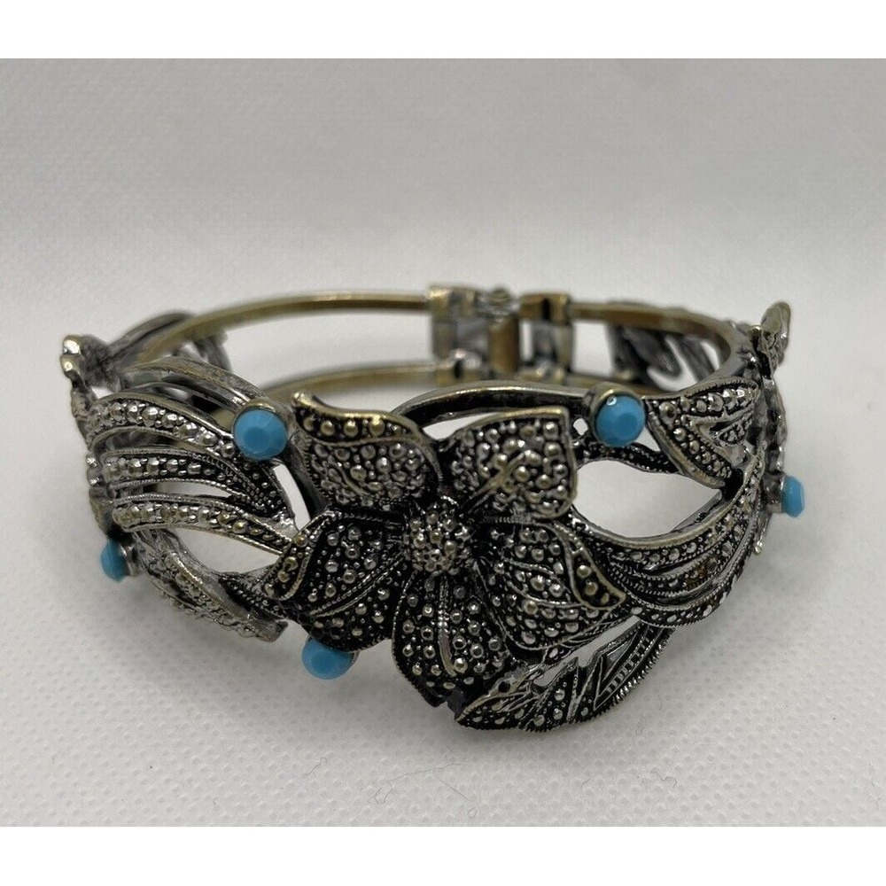 Vtg silver tone Floral Cuff Bracelet blue‎ beads flower leaves Marcasite style